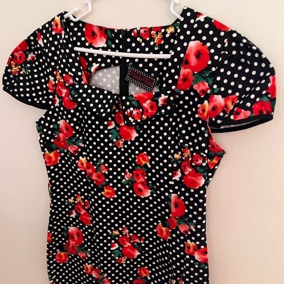 VOODOO VIXEN Size XL Black Red Polka Dot Floral PIN UP SWING ROCKABILLY DRESS - Picture 4 of 6